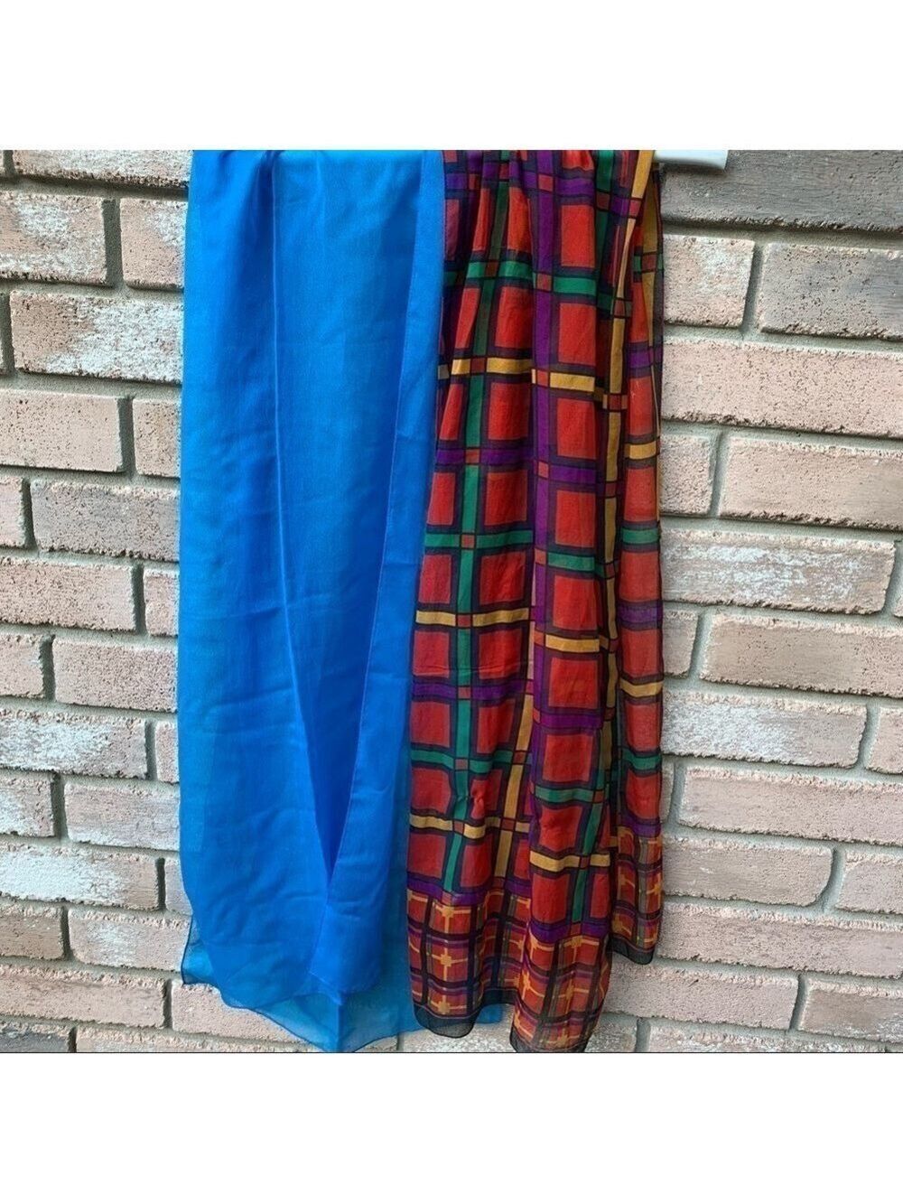 Vintage Oblong Chiffon Scarf Peacock Blue Plaid